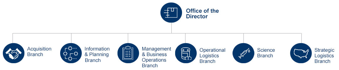 This hierarchacal diagram shows the Office of the Director at the top of the diagram and the offices described below under the office of the director.