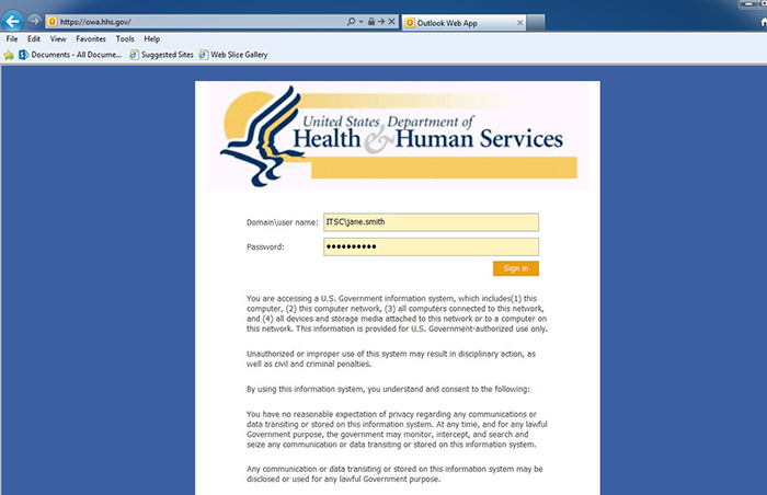 Sign-in page of the owa.hhs.gov site.