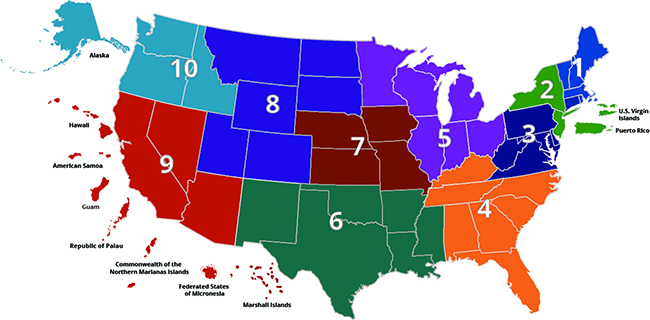 A United States map groups the states into 10 regions to highlight the Healthcare Coalitions available.